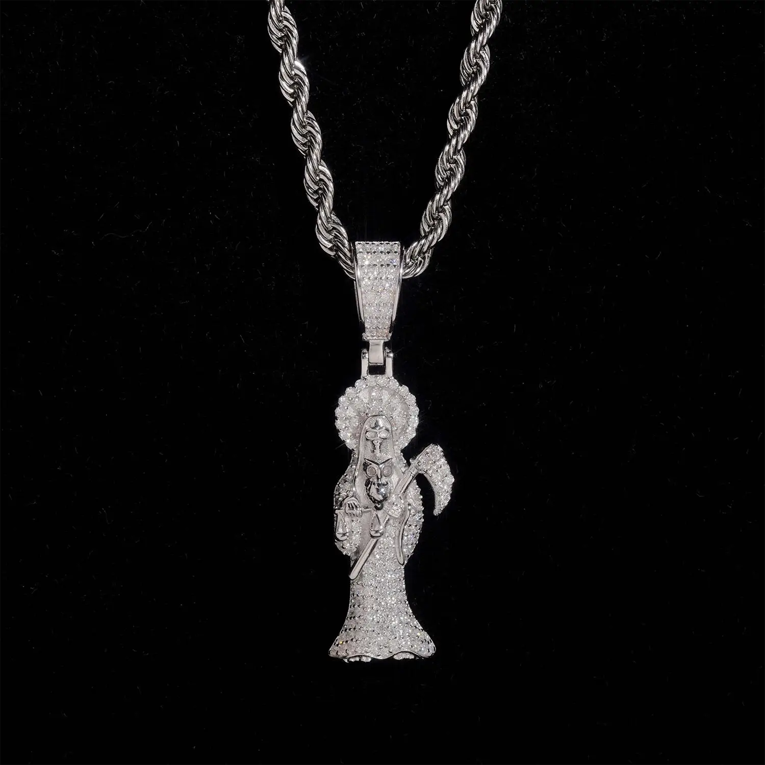 925 Silver VVS Moissanite Santa Muerte Religious Pendant