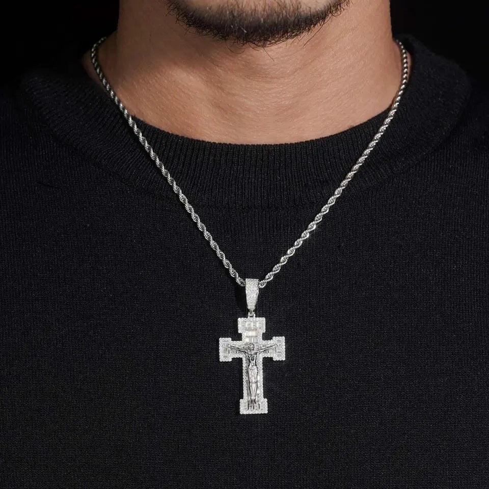 Iced Out Baguette VVS Moissanite Cross Jesus Pendant 925 Silver Main image