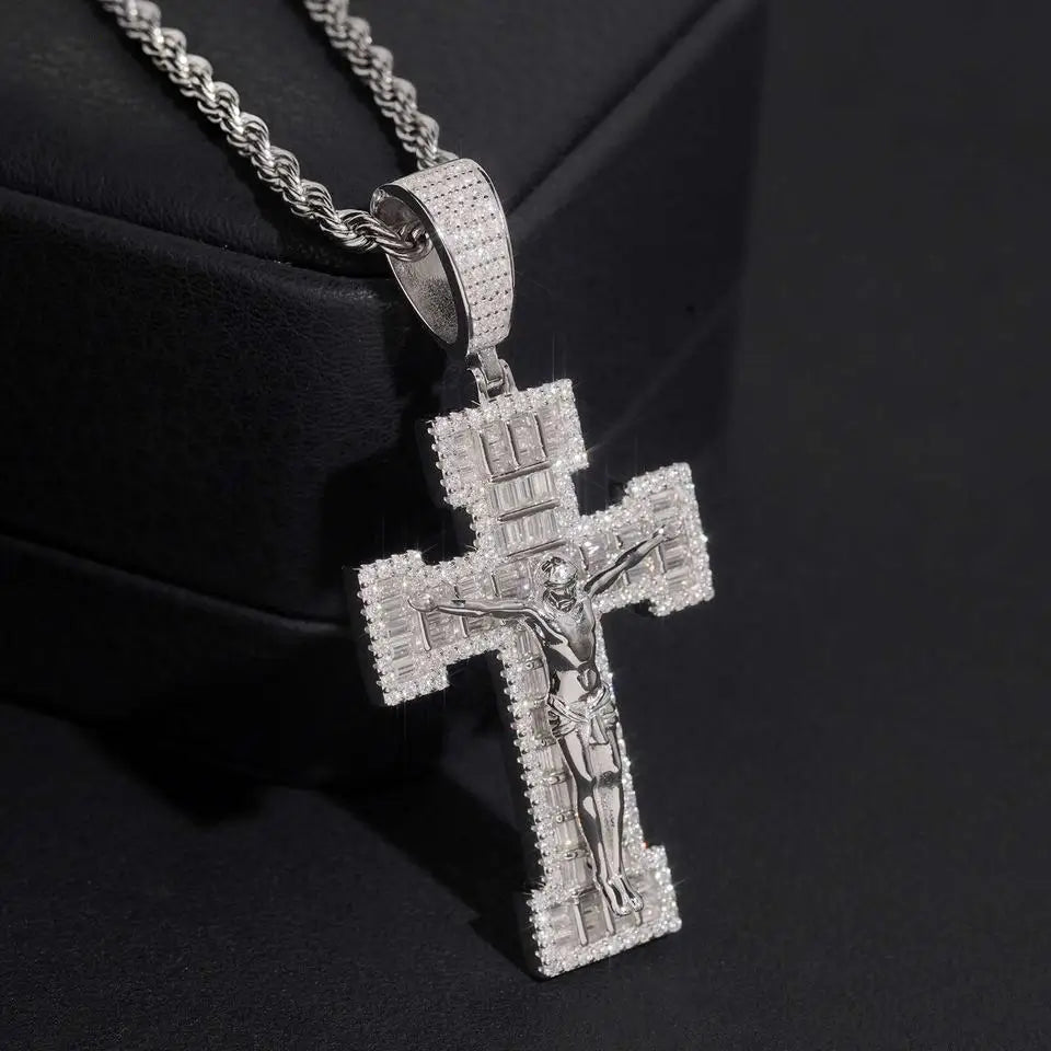 Iced Out Baguette VVS Moissanite Cross Jesus Pendant 925 Silver