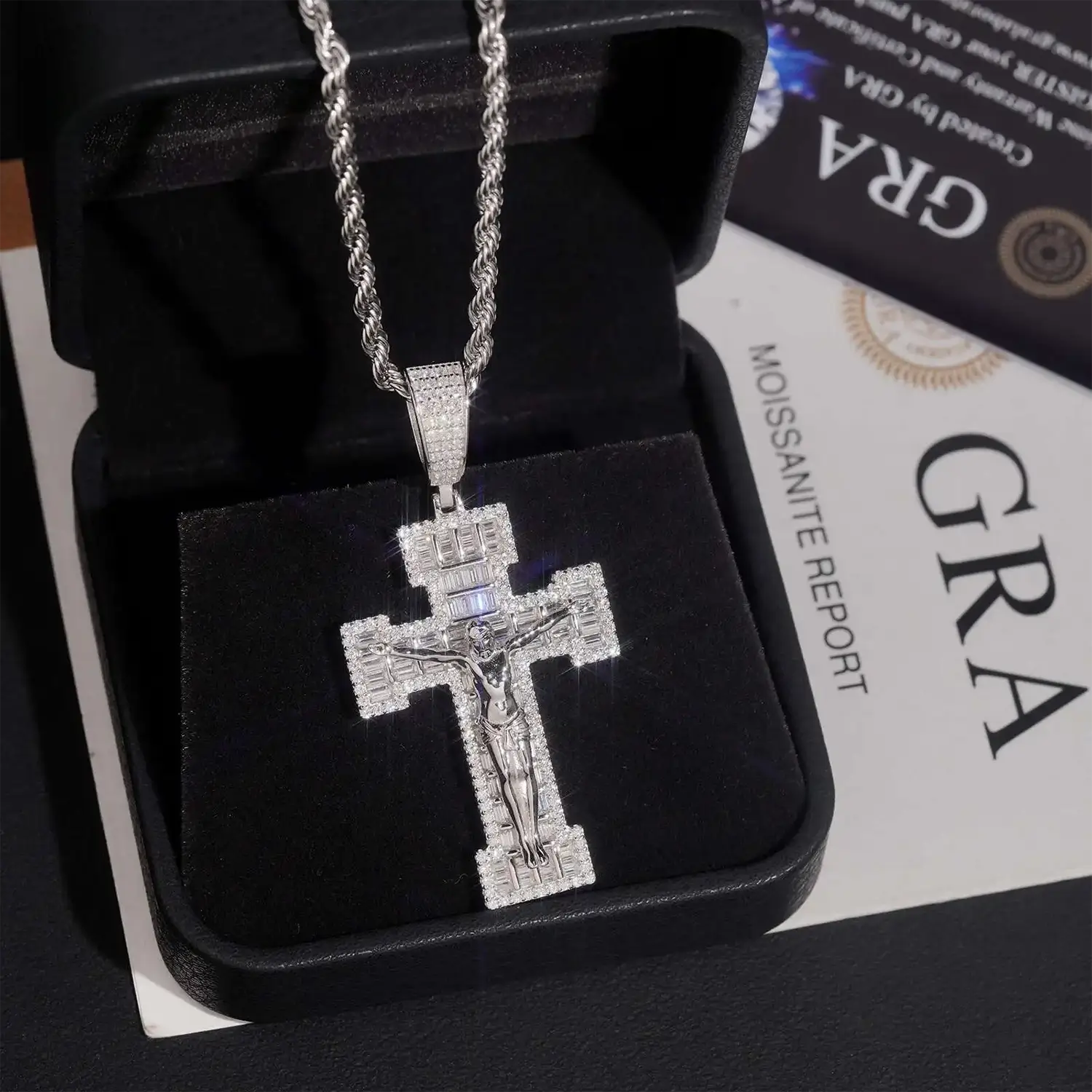 Iced Out Baguette VVS Moissanite Cross Jesus Pendant 925 Silver
