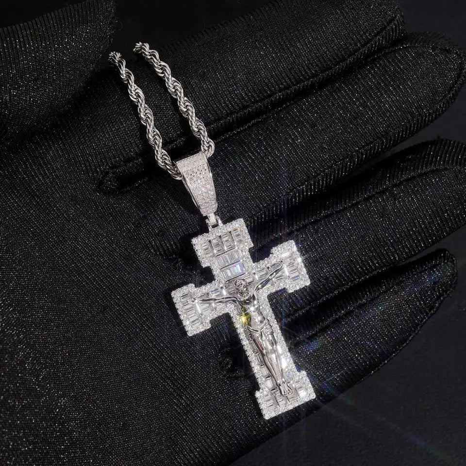 Iced Out Baguette VVS Moissanite Cross Jesus Pendant 925 Silver