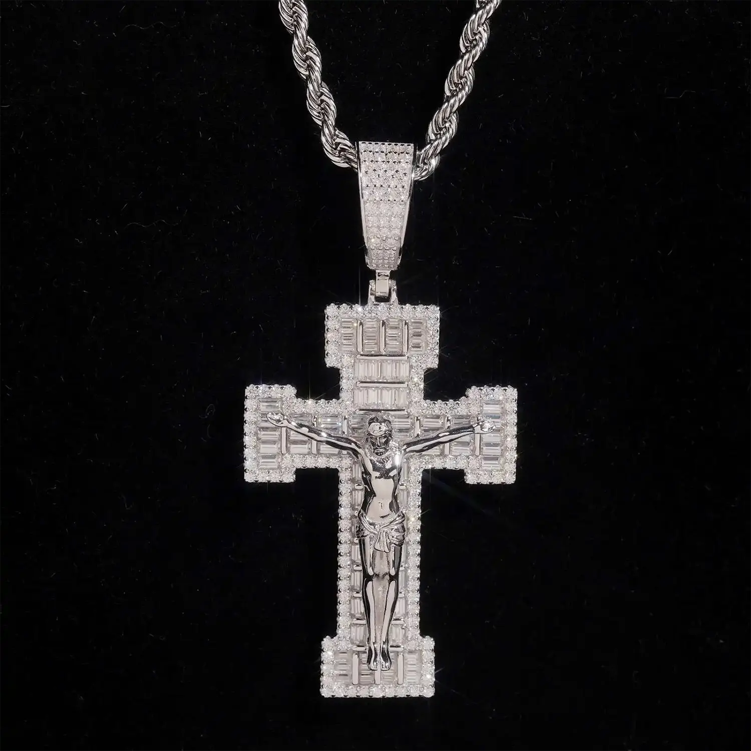 Iced Out Baguette VVS Moissanite Cross Jesus Pendant 925 Silver