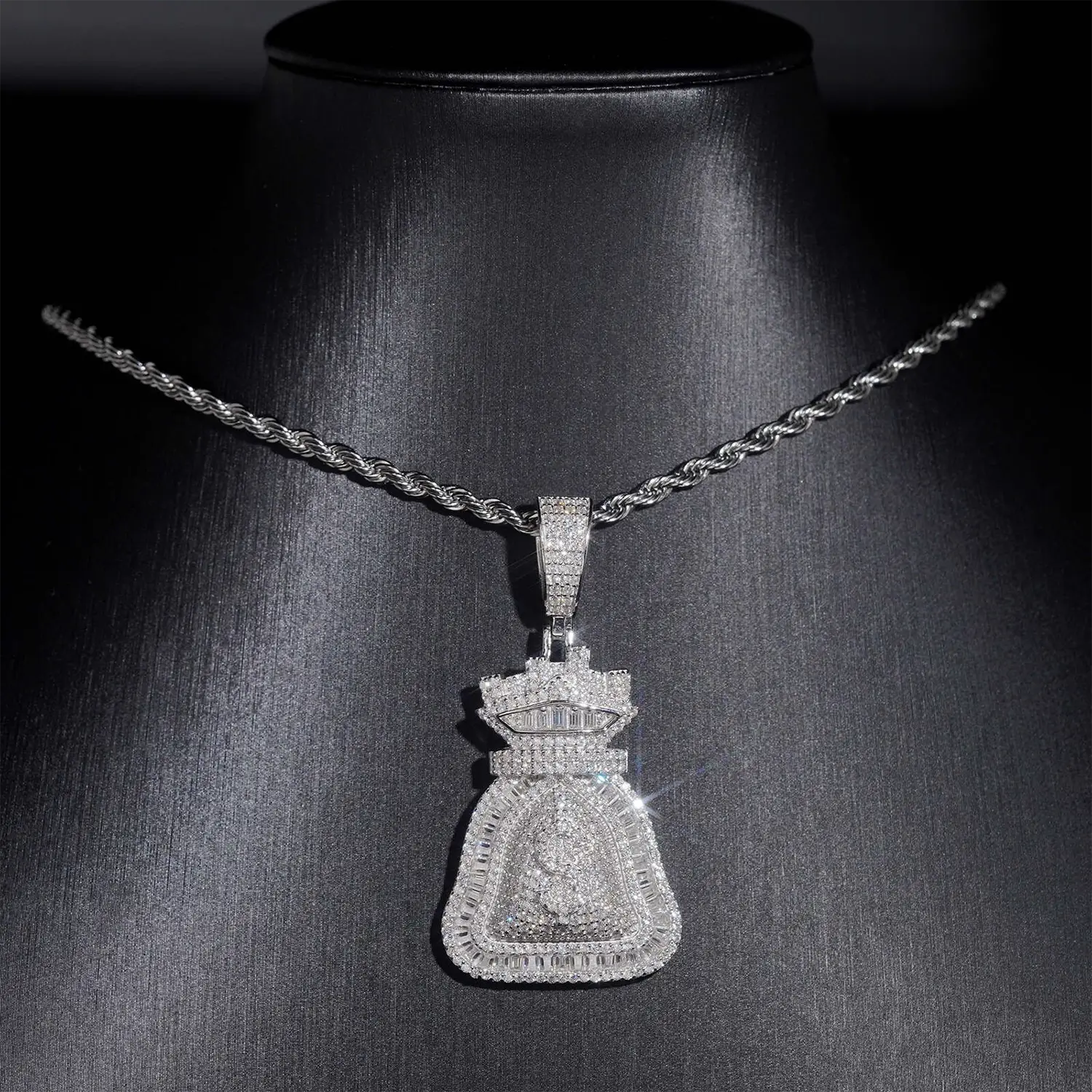 VVS Moissanite Iced Money Bag Pendant 925 Silver Zweitbild