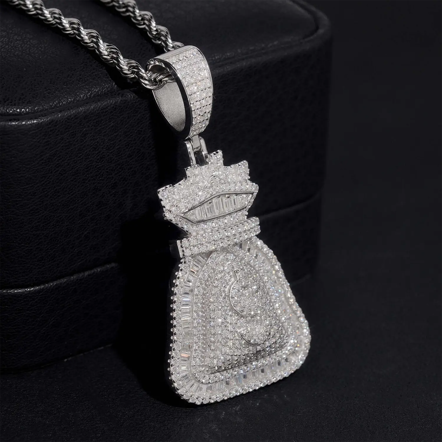 VVS Moissanite Iced Money Bag Pendant 925 Silver
