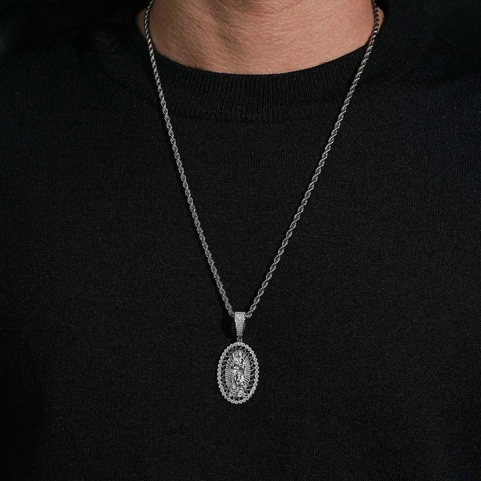 Oval Shaped VVS Moissanite Virgin Mary Religious Pendant 925 Silver