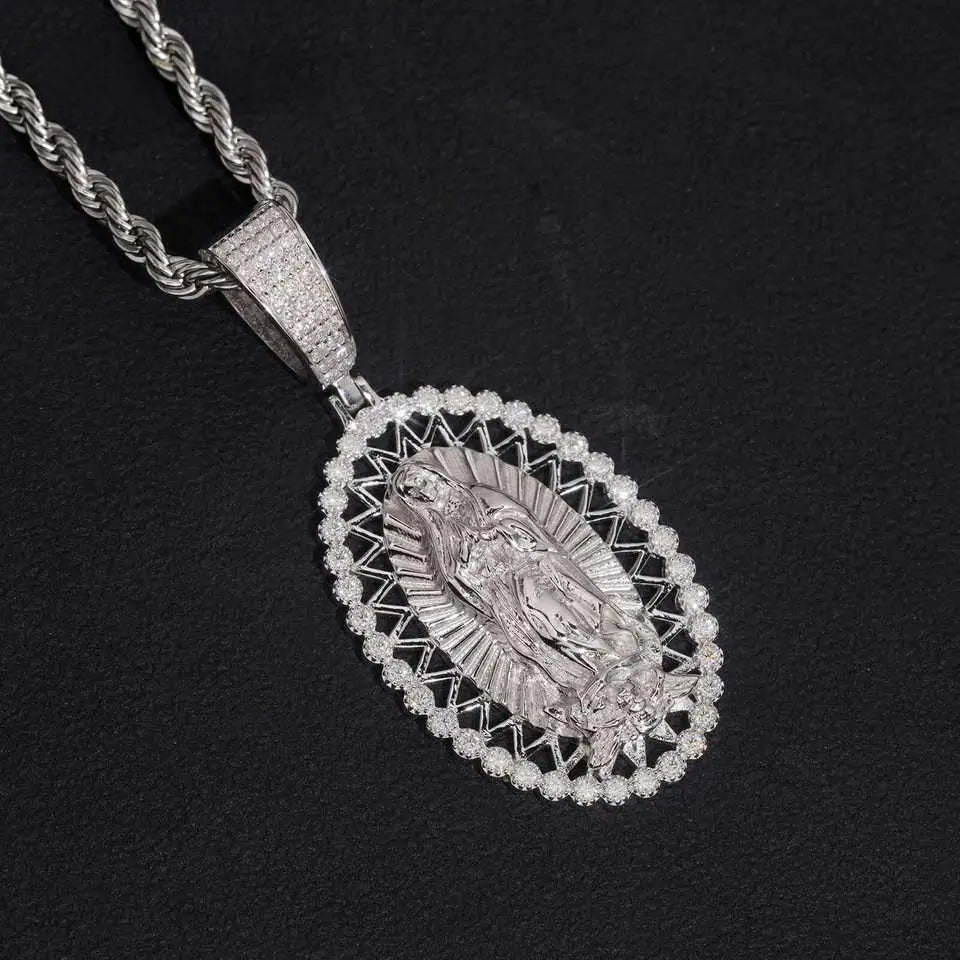 Oval Shaped VVS Moissanite Virgin Mary Religious Pendant 925 Silver