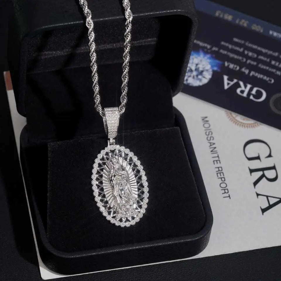 Oval Shaped VVS Moissanite Virgin Mary Religious Pendant 925 Silver