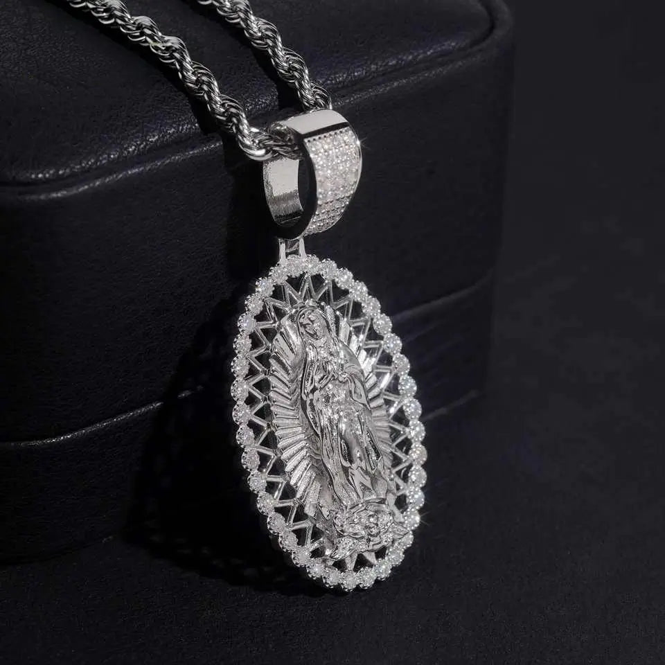 Oval Shaped VVS Moissanite Virgin Mary Religious Pendant 925 Silver