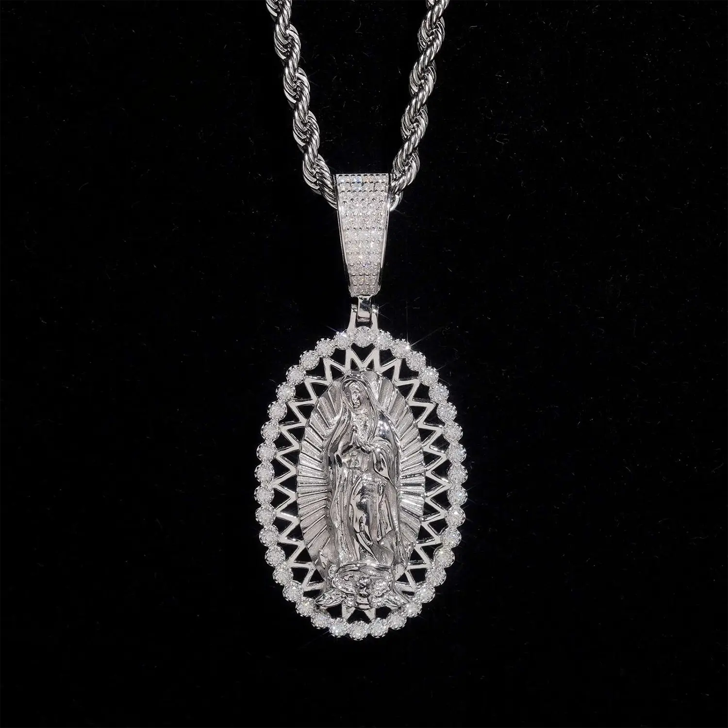 Oval Shaped VVS Moissanite Virgin Mary Religious Pendant 925 Silver