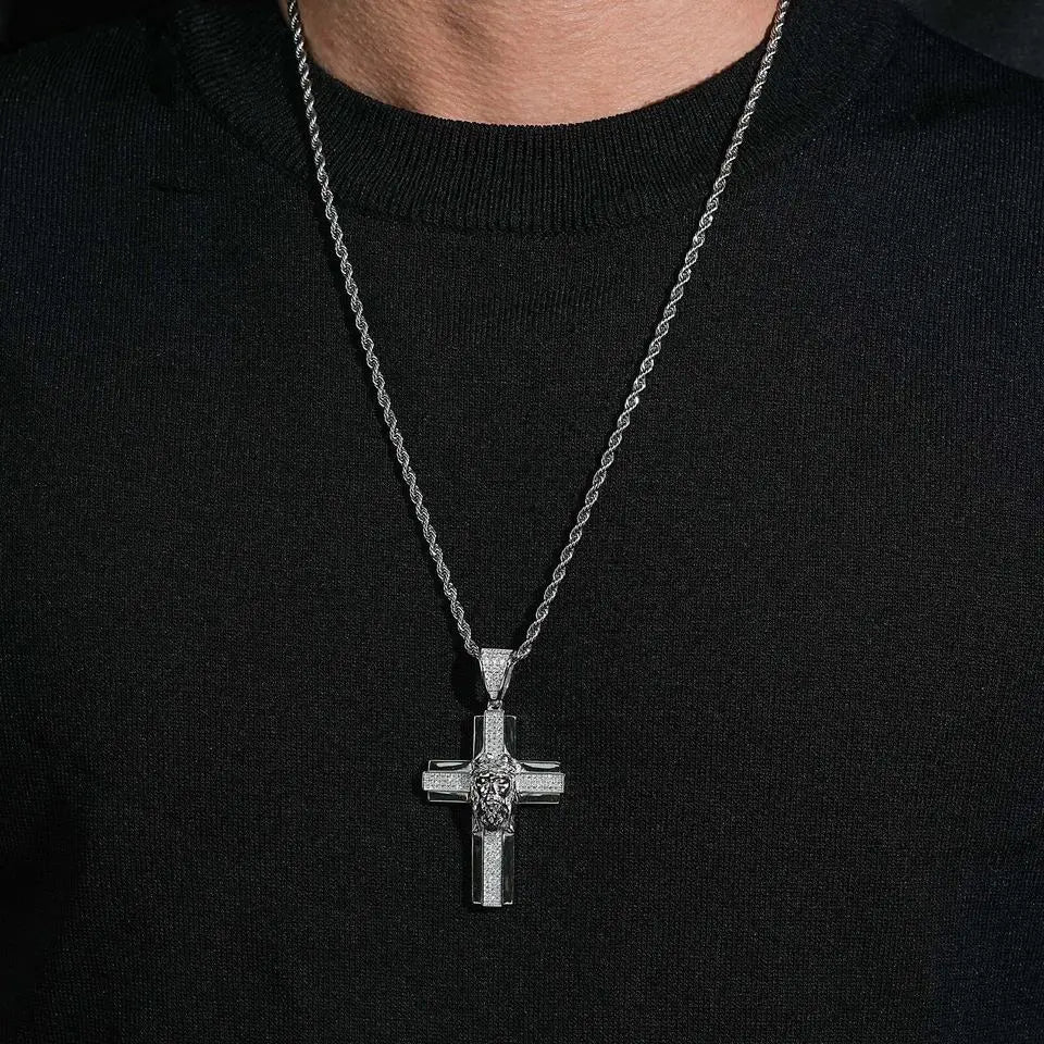 Jesus Head VVS Moissanite Cross Pendant 925 Silver