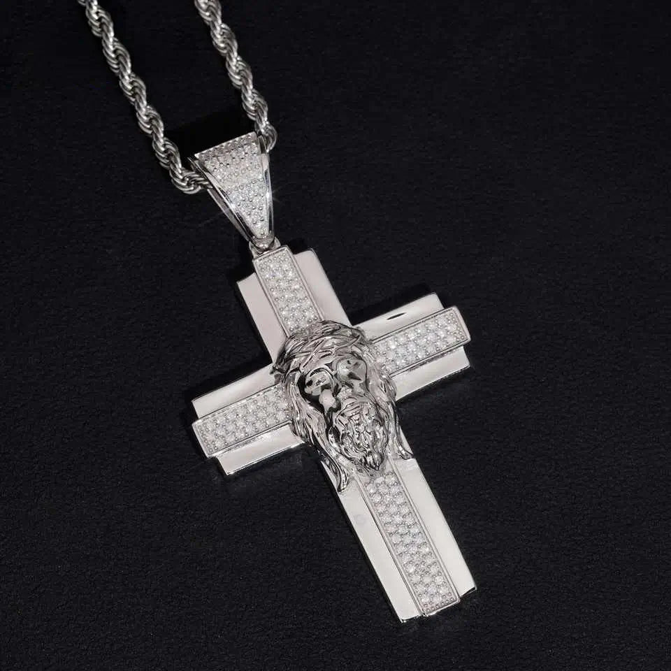 Jesus Head VVS Moissanite Cross Pendant 925 Silver