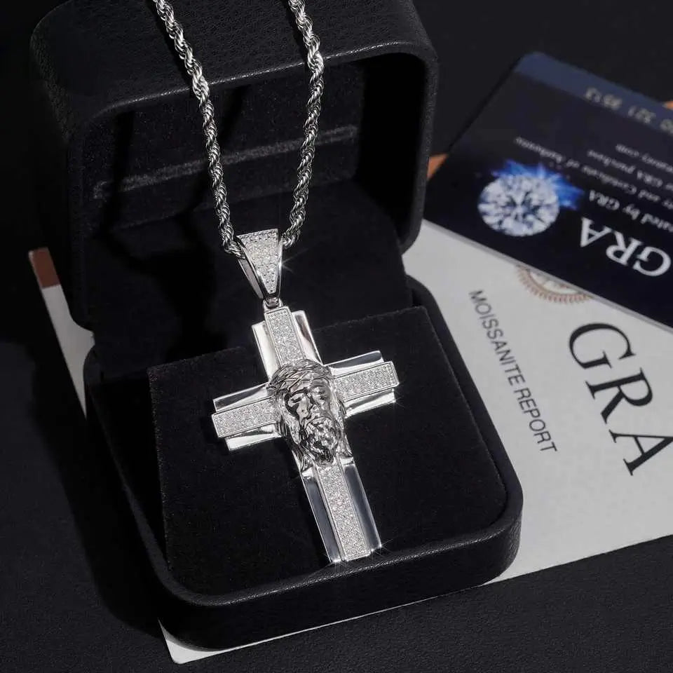 Jesus Head VVS Moissanite Cross Pendant 925 Silver