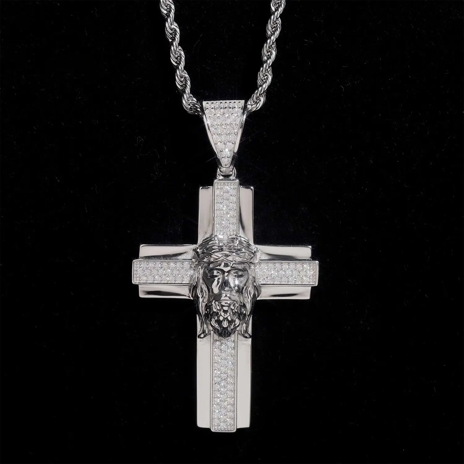 Jesus Head VVS Moissanite Cross Pendant 925 Silver