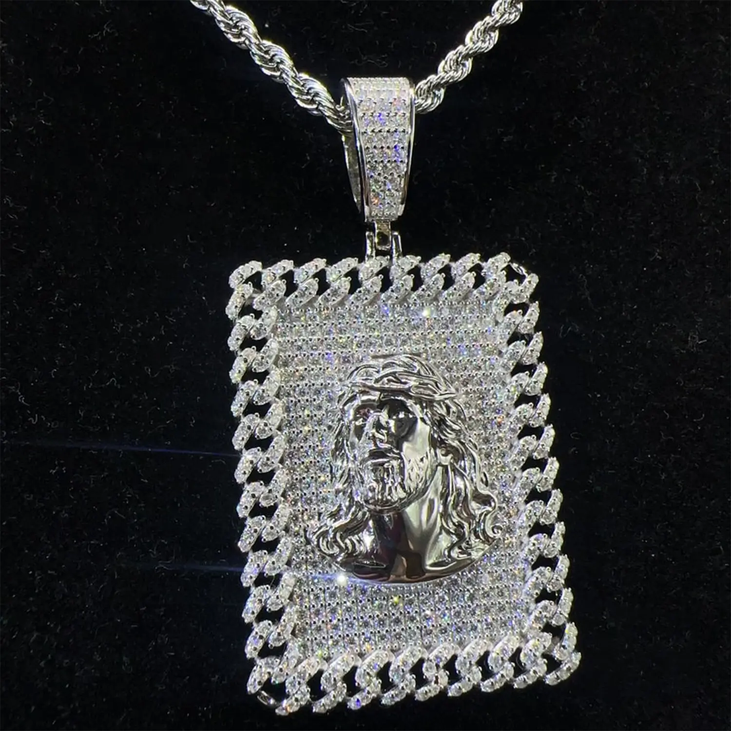 925 Silver Jesus Rectangle Plate VVS Moissanite Pendant