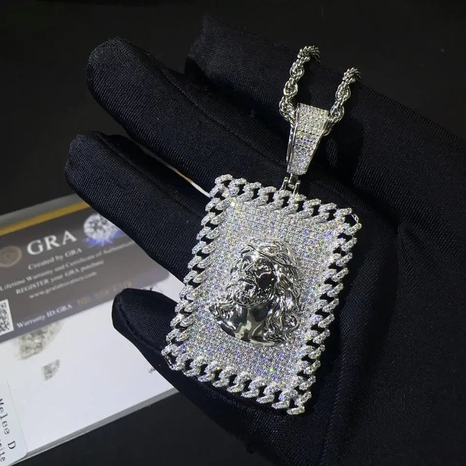925 Silver Jesus Rectangle Plate VVS Moissanite Pendant