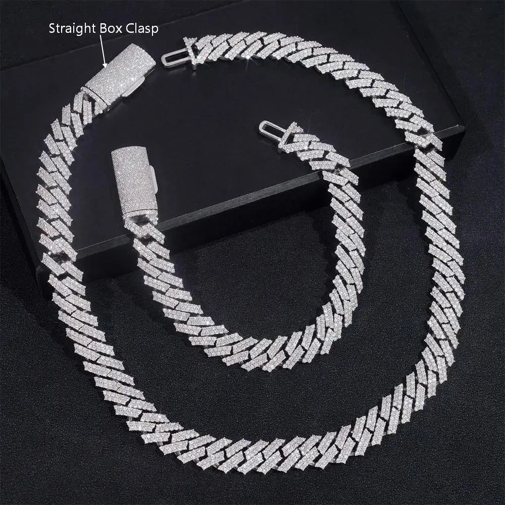 12MM S925 Silver 2 Rows VVS Moissnaite Edge Cuban Link Chain