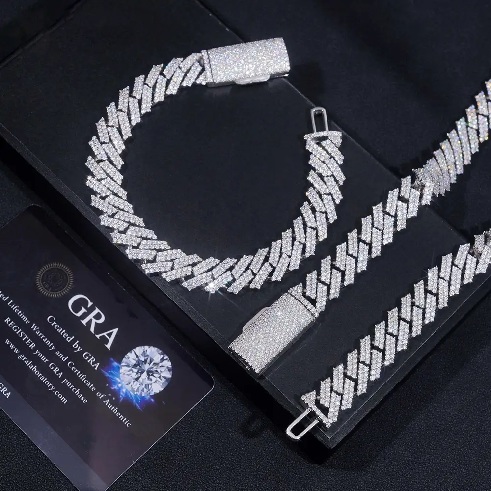 12MM S925 Silver 2 Rows VVS Moissnaite Edge Cuban Link Chain