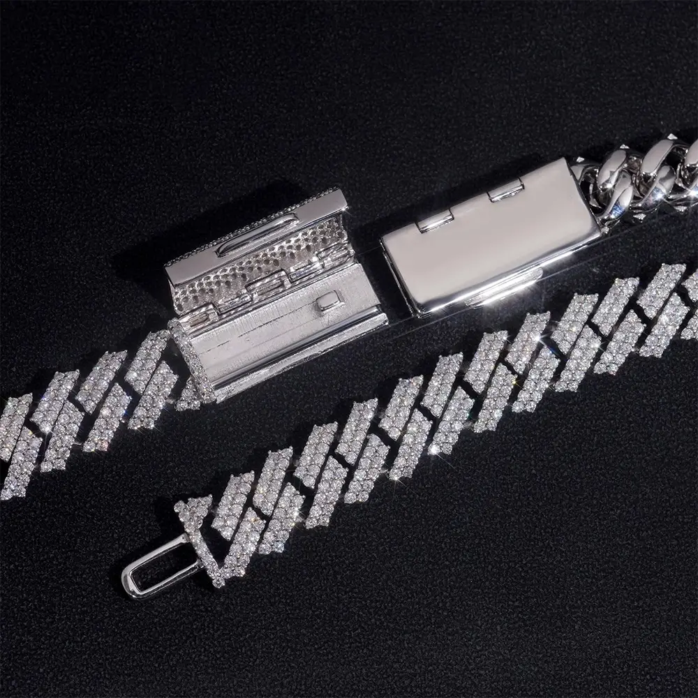 12MM S925 Silver 2 Rows VVS Moissnaite Edge Cuban Link Chain