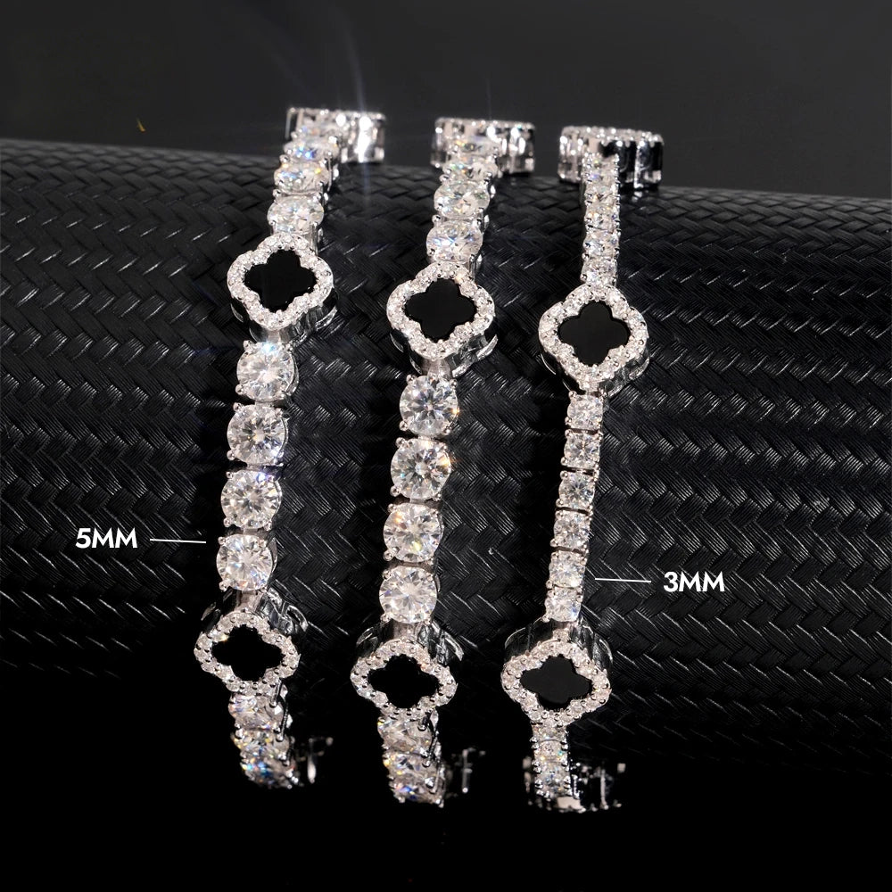 GL Black Onyx Clover 925 Silver Moissanite 3mm 5mm Tennis Chain