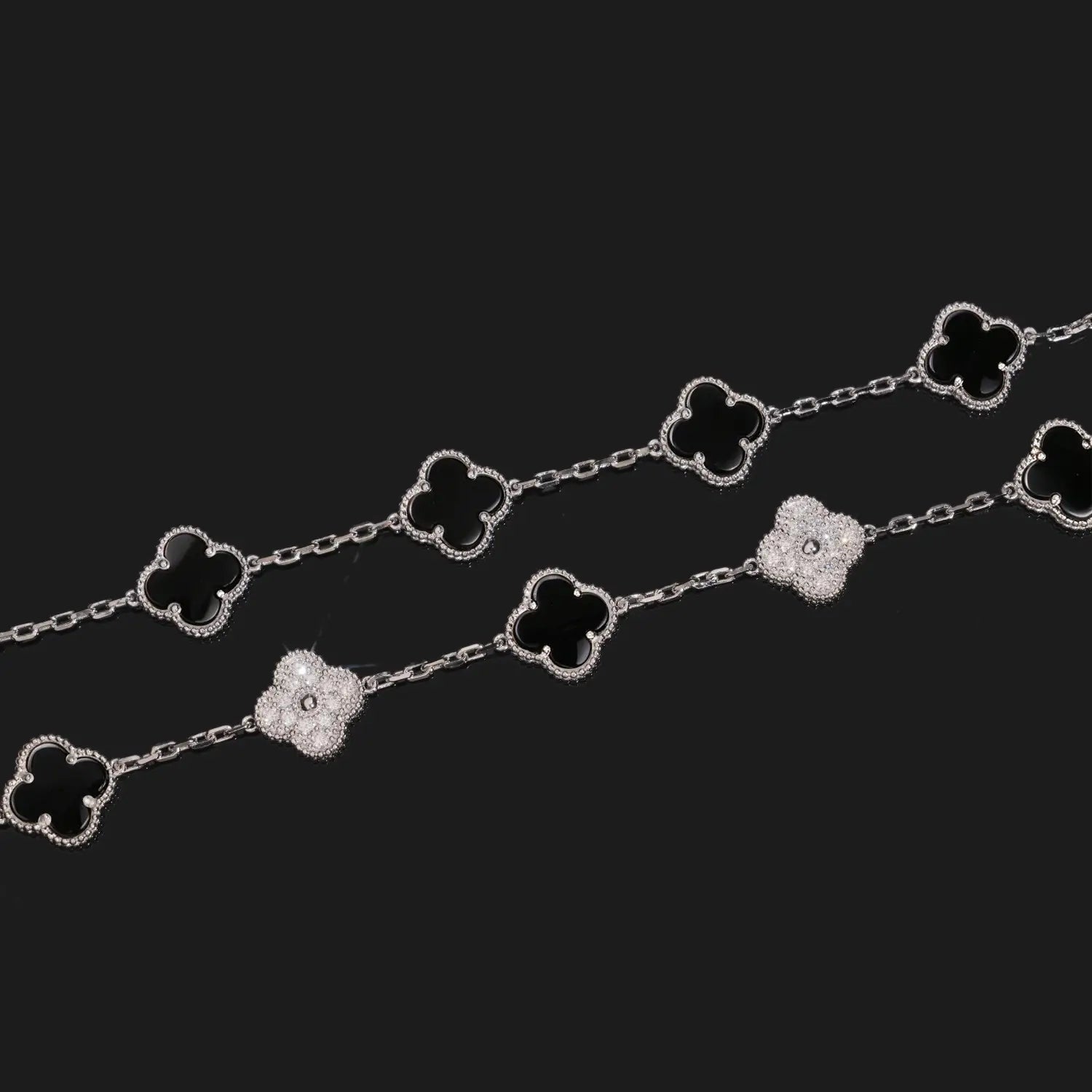 5-Motif Clover Moissanite Bracelet S925 Silver Black Onyx & White Shell