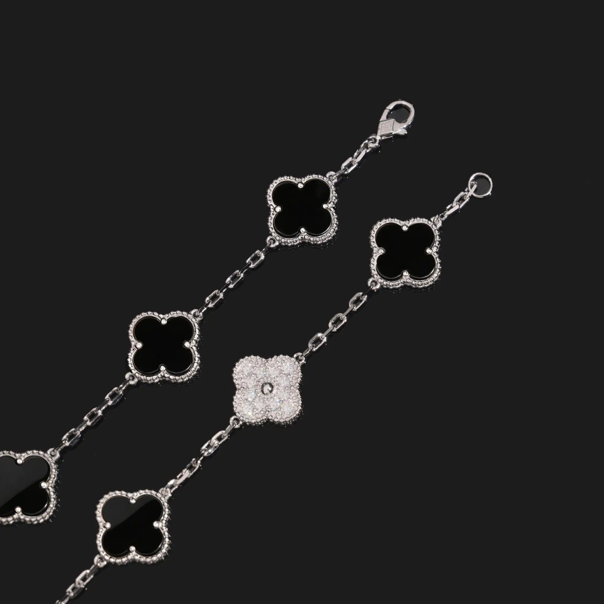 5-Motif Clover Moissanite Bracelet S925 Silver Black Onyx & White Shell