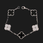 5-Motif Clover Moissanite Bracelet S925 Silver Black Onyx & White Shell