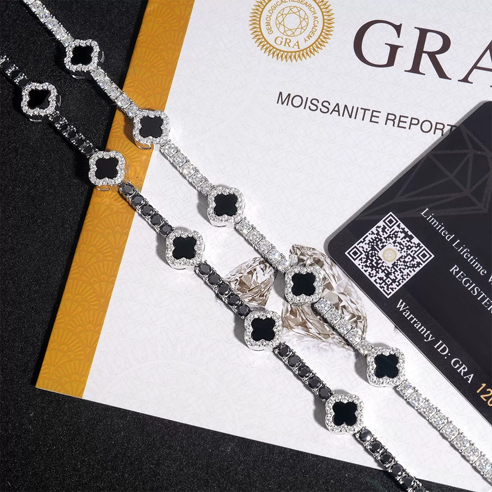 GL Black Onyx Clover 925 Silver Moissanite 3mm 5mm Tennis Chain