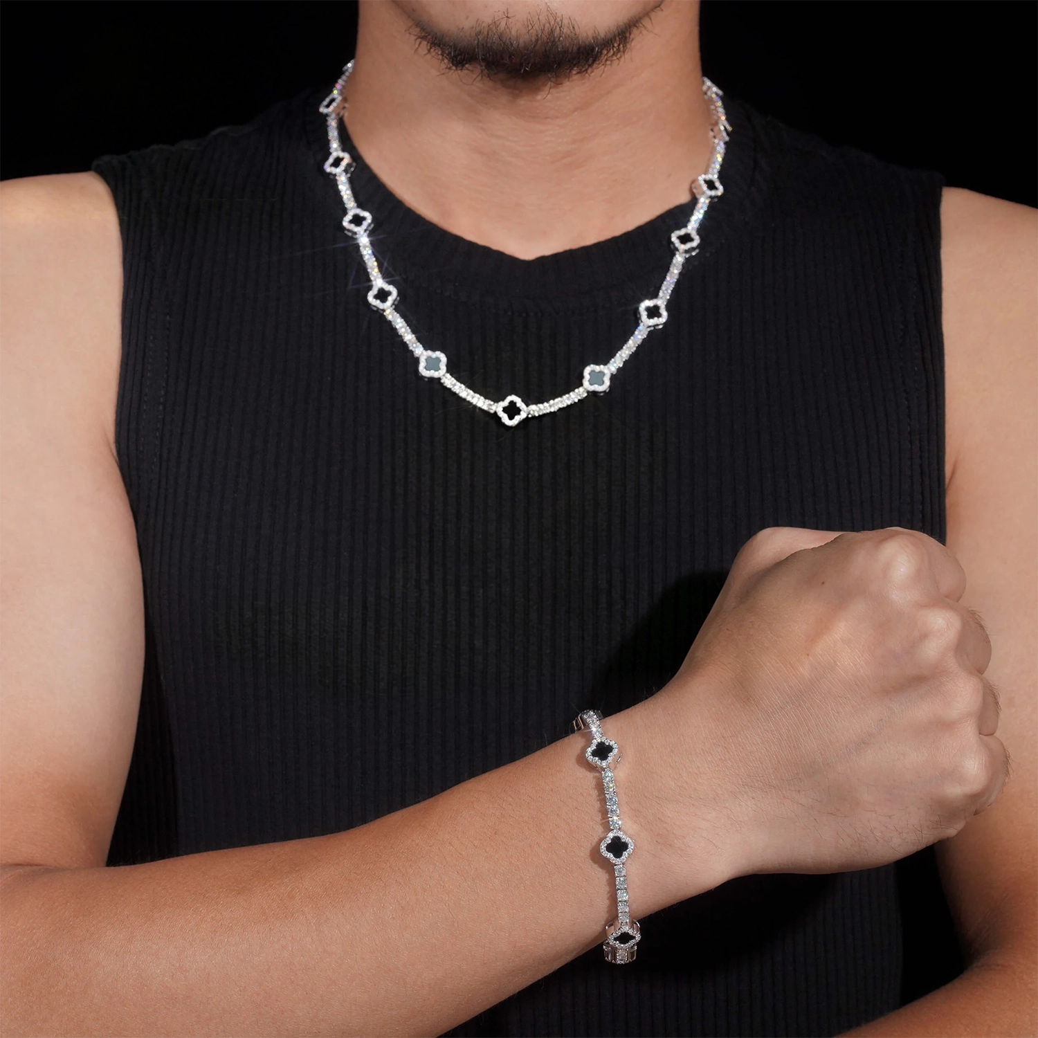 GL Black Onyx Clover 925 Silver Moissanite 3mm 5mm Tennis Chain