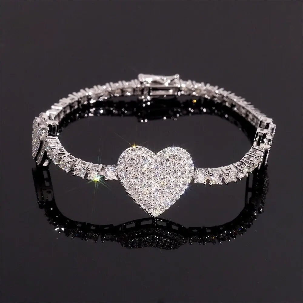 GL Heart Shaped 925 Silver VVS Moissanite Bracelet 3mm Tennis Chain