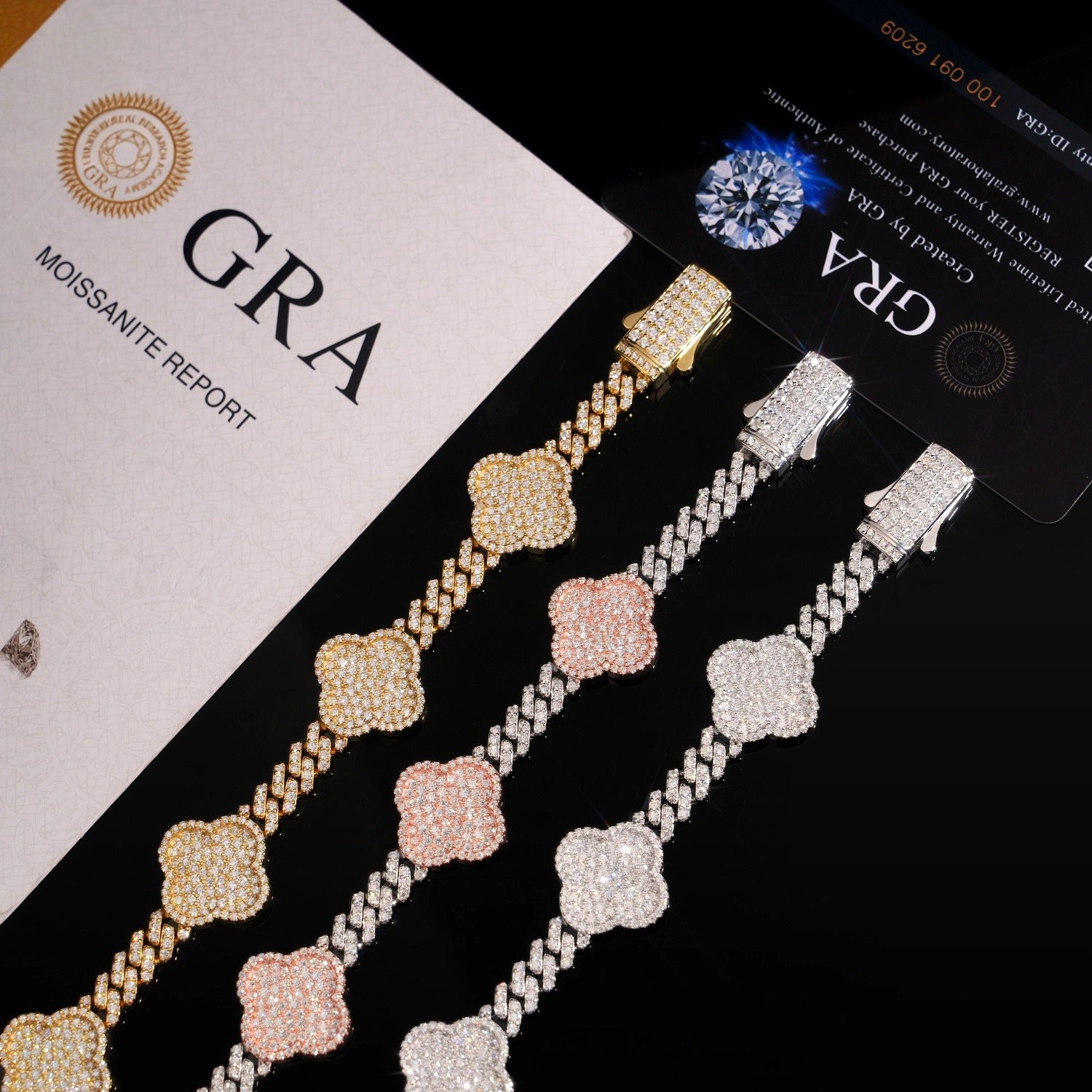 6MM S925 Silver VVS Moissanite Cuban Link Chain with Clover 16K Gold Plated