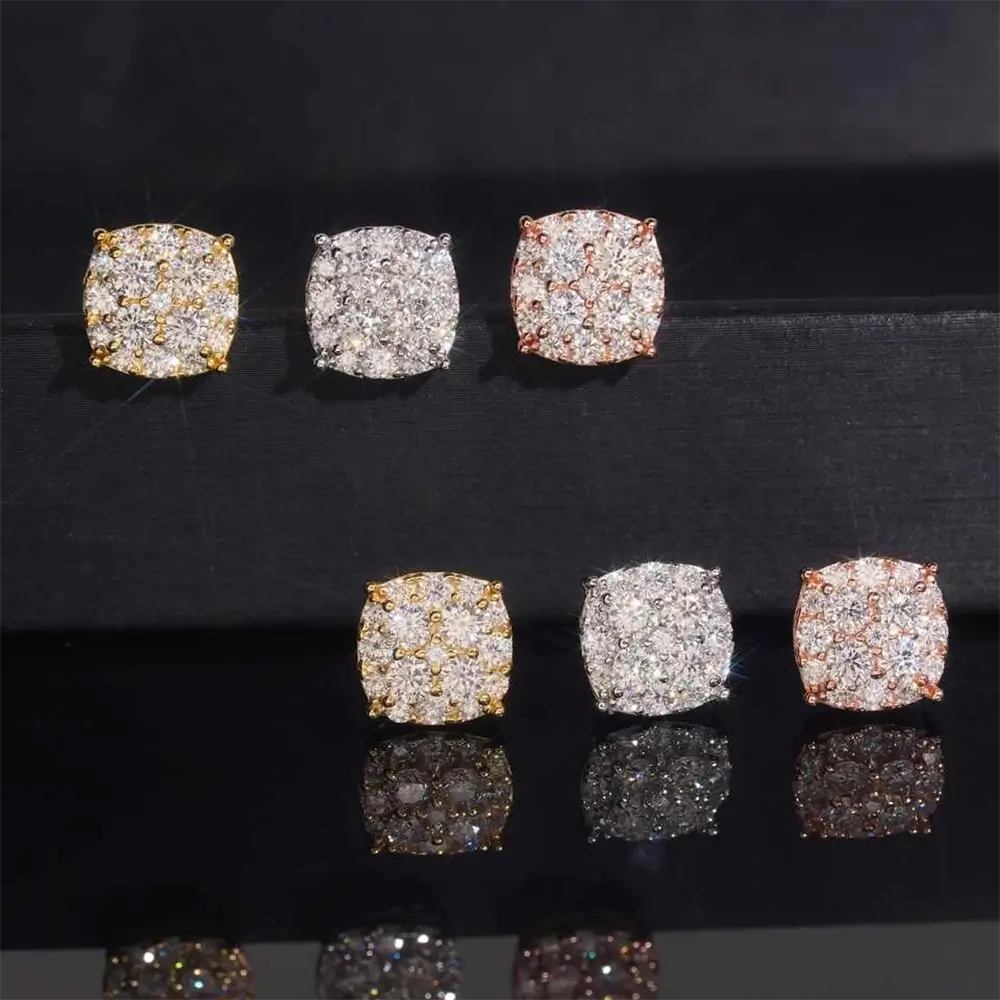 【US 3 Days Delivery】GL 10MM S925 Silver Mico Paved VVS Moissanite Squared Stud Earrings