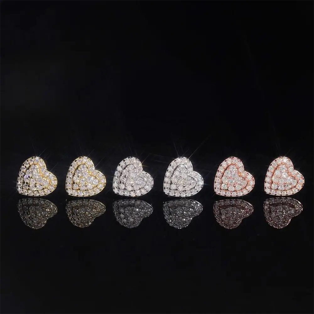 【US 3 Days Delivery】GL 10MM S925 Silver Micro Paved Moissanite lced Out Heart Stud Earrings