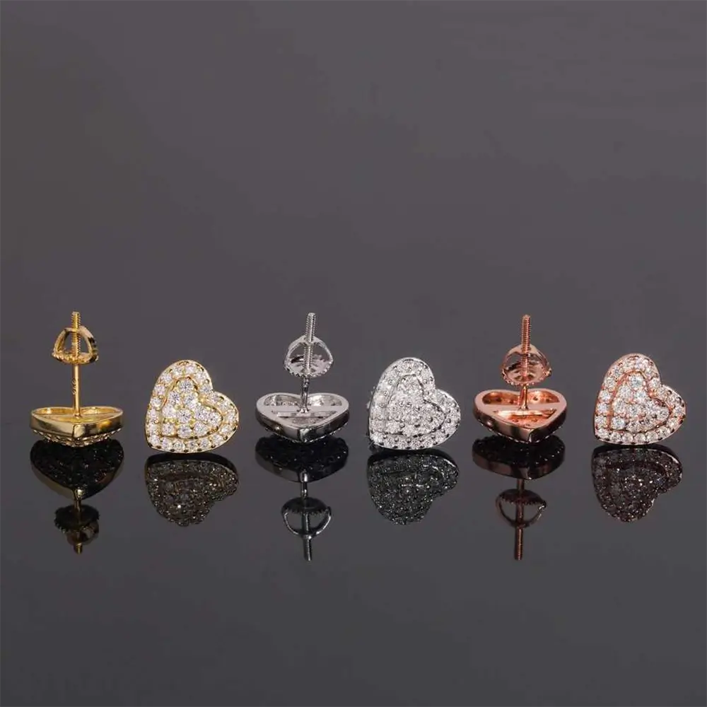 【US 3 Days Delivery】GL 10MM S925 Silver Micro Paved Moissanite lced Out Heart Stud Earrings