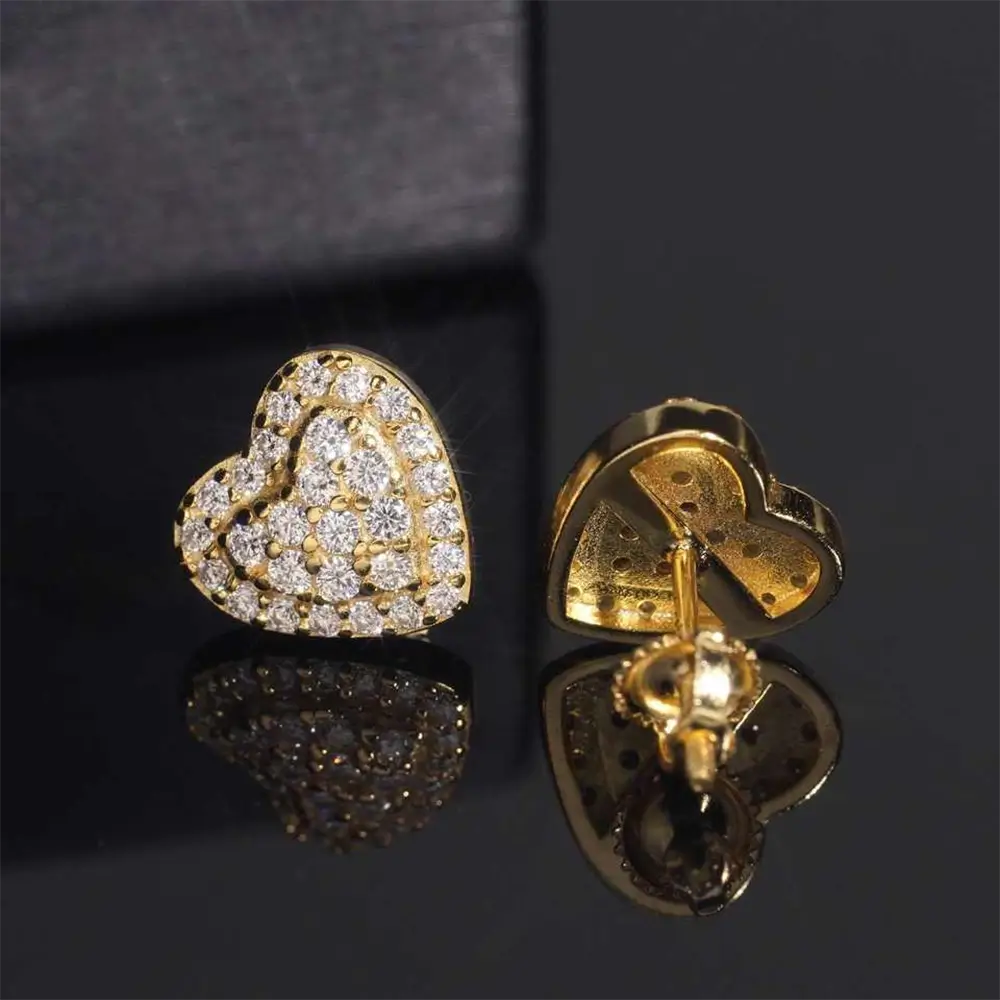 【US 3 Days Delivery】GL 10MM S925 Silver Micro Paved Moissanite lced Out Heart Stud Earrings