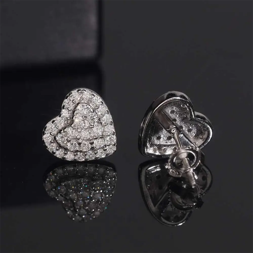 【US 3 Days Delivery】GL 10MM S925 Silver Micro Paved Moissanite lced Out Heart Stud Earrings