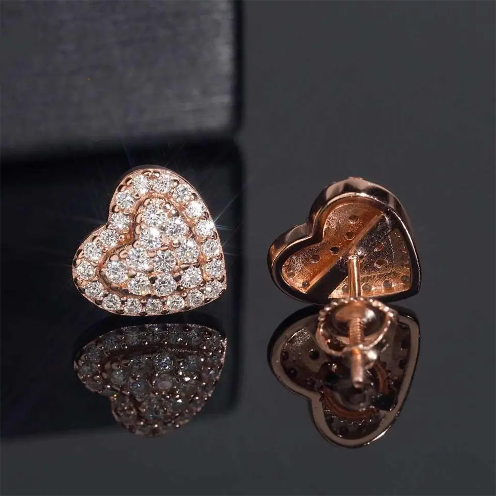 【US 3 Days Delivery】GL 10MM S925 Silver Micro Paved Moissanite lced Out Heart Stud Earrings