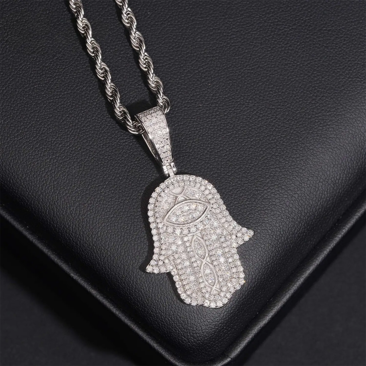 Fully Iced VVS Moissanite Hamsa Pendant S925