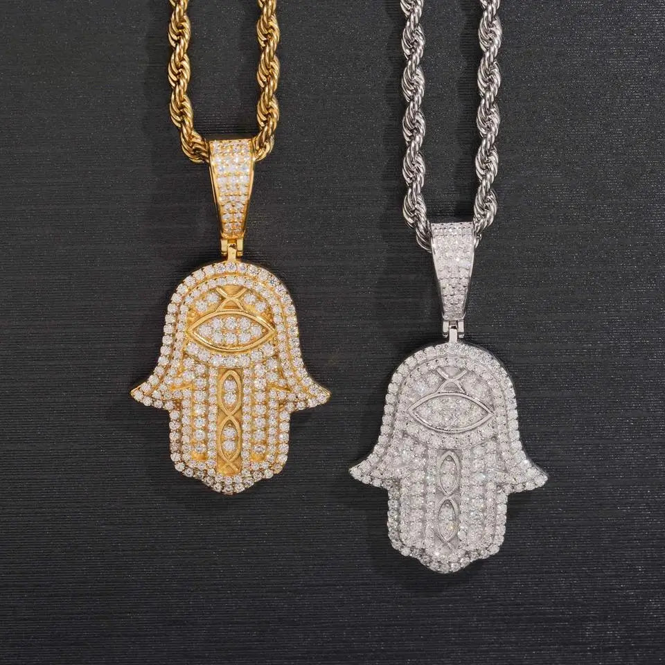 Fully Iced VVS Moissanite Hamsa Pendant S925