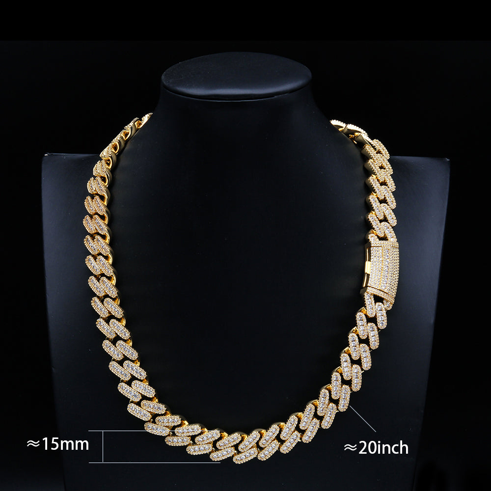 15MM S925 Silver Round Stone VVS Moissanite Cuban Miami Link Chain Necklace