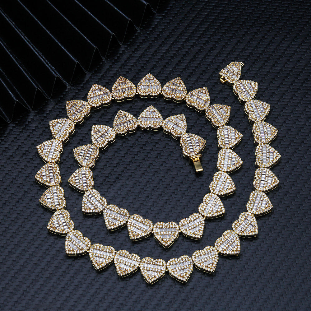 13MM S925 Silver Heart Shape Hip Hop Iced Out VVS Moissanite Baguette Diamond Cuban Chain
