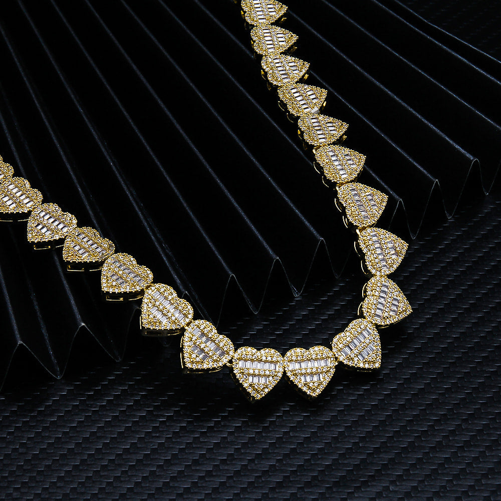13MM S925 Silver Heart Shape Hip Hop Iced Out VVS Moissanite Baguette Diamond Cuban Chain