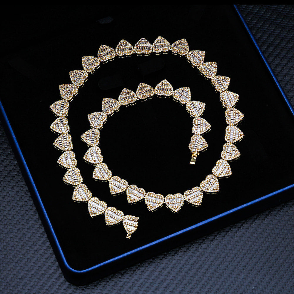 13MM S925 Silver Heart Shape Hip Hop Iced Out VVS Moissanite Baguette Diamond Cuban Chain