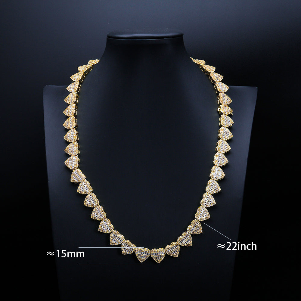 13MM S925 Silver Heart Shape Hip Hop Iced Out VVS Moissanite Baguette Diamond Cuban Chain