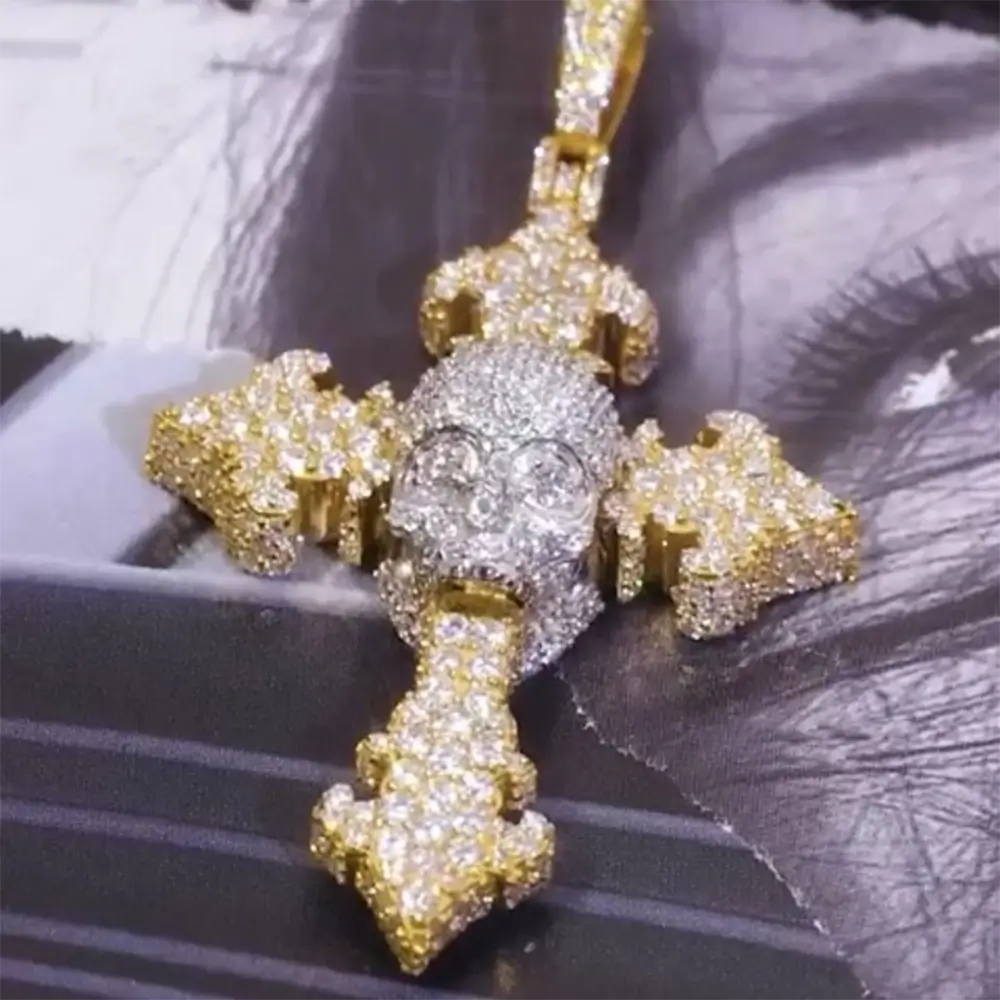 Custom Two-tone Cross & Skull VVS Moissanite Pendant