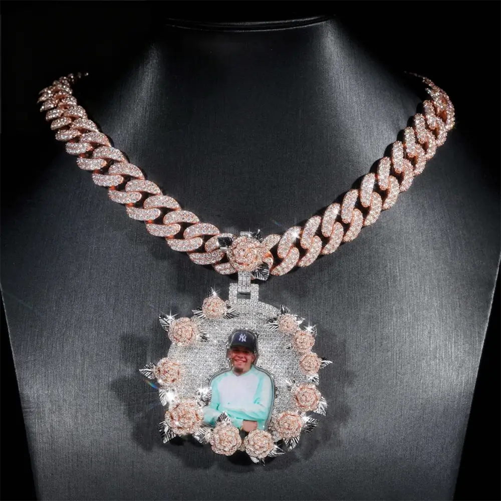 Custom Moissanite Photo Pendant with Rose Accents Main image