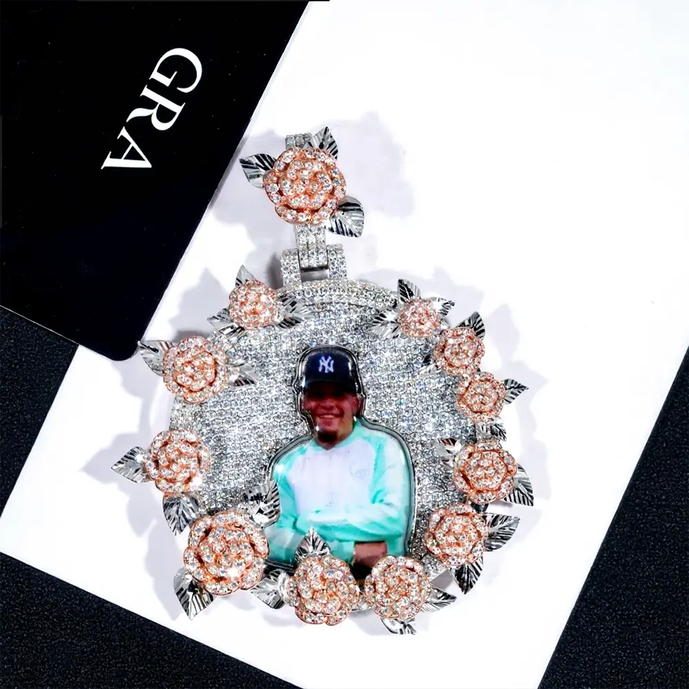 Custom Moissanite Photo Pendant with Rose Accents