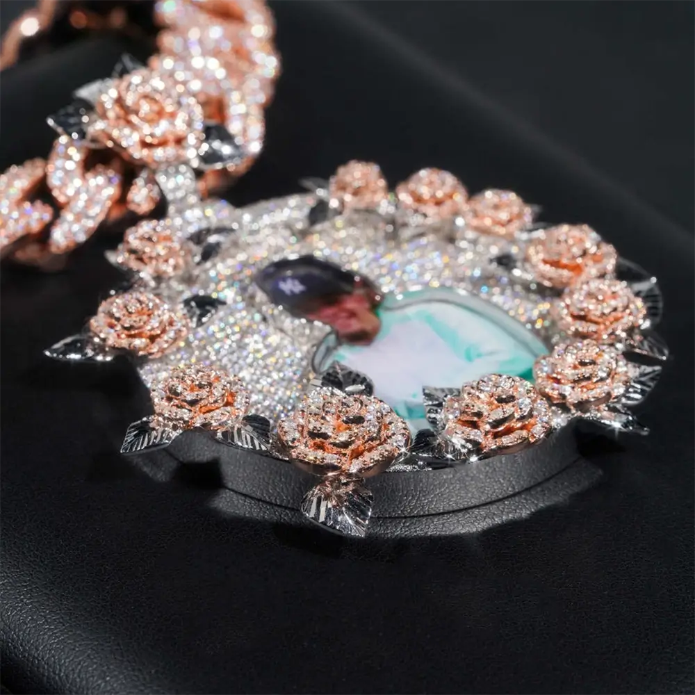 Custom Moissanite Photo Pendant with Rose Accents