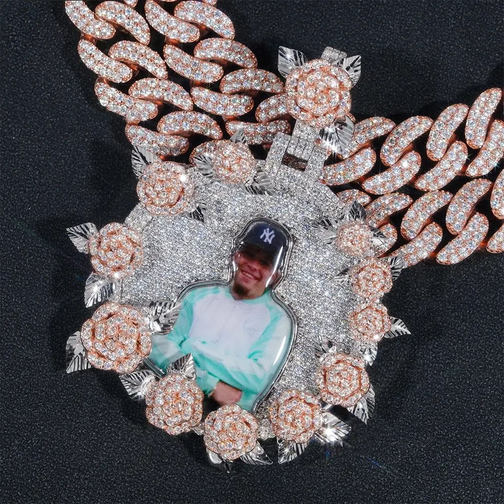 Custom Moissanite Photo Pendant with Rose Accents