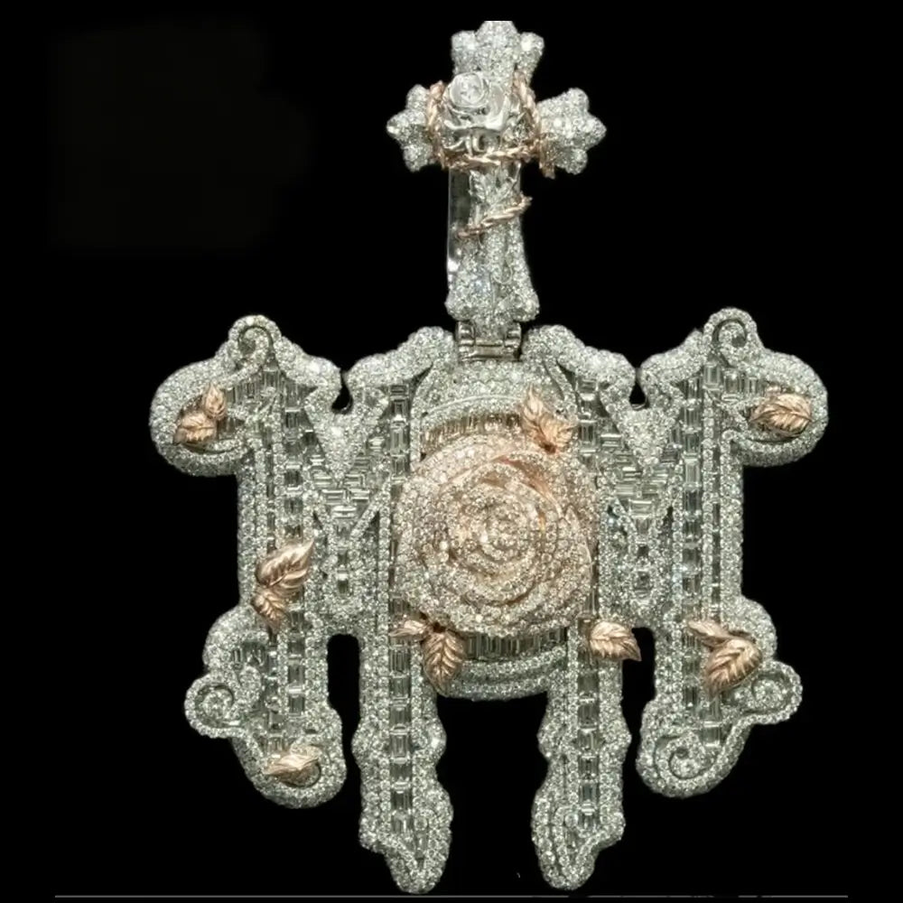 Heavy Custom MOM Pendant - Moissanite Rose and Thorn Cross Link Main image
