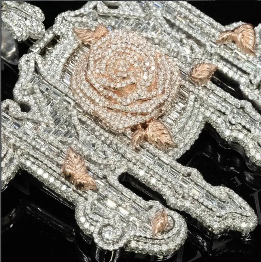 Heavy Custom MOM Pendant - Moissanite Rose and Thorn Cross Link
